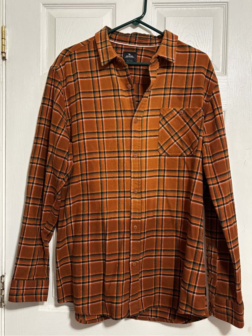Rip Curl Men's Orange Plaid Flannel Shirt Sz L EUC